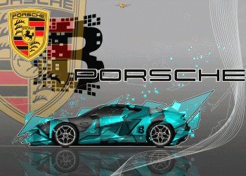 Image with Porsche logo on top left with an enlarged B for blockchain, a car on the bottom