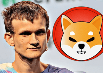 Ethereum founder Vitalik Buterin with a SHIB token next to him, which he donated 50 million of to an Indian relief fund