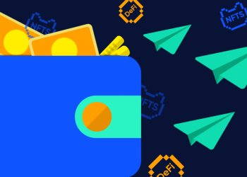 Picture of a blue wallet with green paper planes flying out of it and yellow currency notes sticking out