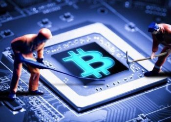 Picture of two miners mining bitcoin with pick axes