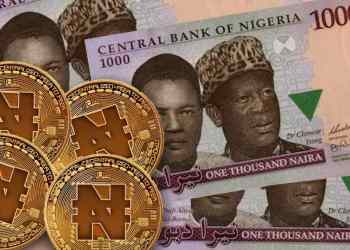Picture of Nigerian 1,000 Naira notes, with digital coins with the Naira symbol laying on top of them, representing the country's CBDC, the eNaira