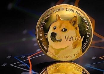 Picture of a Doge coin standing on top of a chart, as Dogecoin leads earnings on Robinhood