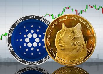 Picture of a Dogecoin (Doge) next to a Cardano (ADA) coin