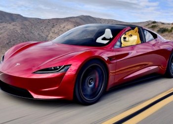 Picture of a Tesla electric vehicle with a Shiba Inu, the symbol for Doge, in the driver's seat