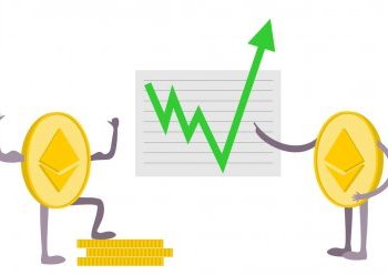 Picture of ethereum coin standing on other ETH coins, with a green upward arrow on a board