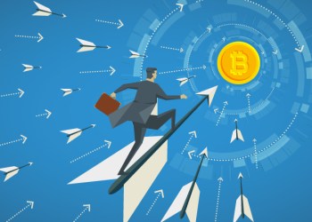 Picture of an animated man riding a black and white arrow shot towards a gold bitcoin