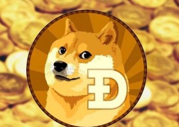 Picture of a Dogecoin with the Shiba Inu dog breed, with other gold dogecoins laying behind it