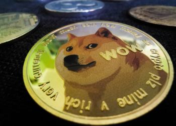 Picture of a Dogecoin in focus with other crypto coins out of focus behind it