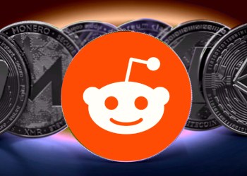 Picture of the Reddit logo in front of various crypto coins
