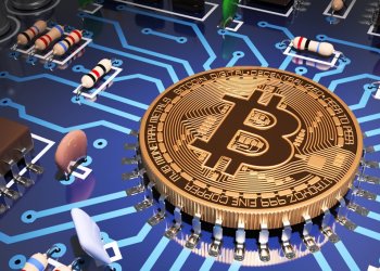 Picture of a bitcoin on a circuit board