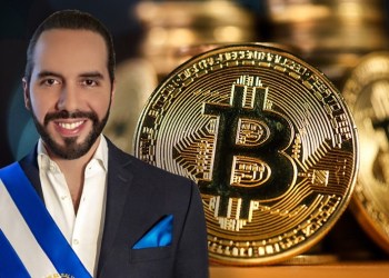 Picture of El Salvador president Nayib Bukele next to a gold bitcoin