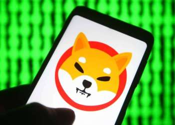 Picture of a hand holding a phone with a Shiba Inu logo on it