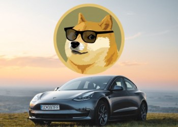 Picture of a Tesla with a Dogecoin above it
