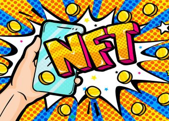 Animated hand holding mobile phone with NFT over it