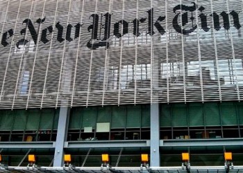 The New York Times building with a filter