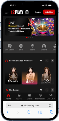 A mobile screenshot of the 12Play Singapore online casino showing the game lobby