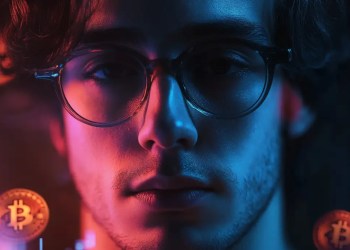 赤と青のネオンライトに照らされた若い男性の顔のクローズアップ。