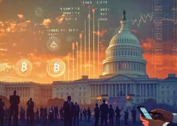 夕暮れの米国議会議事堂を背景に、空にはビットコインとイーサリアムのロゴが浮かび、データチャートが重なっている。