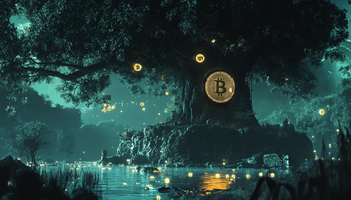 巨大な木々が青緑色の光に包まれ、水面には金色のビットコインのシンボルが蛍のように浮かんでいる。