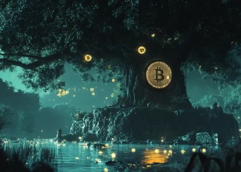 巨大な木々が青緑色の光に包まれ、水面には金色のビットコインのシンボルが蛍のように浮かんでいる。