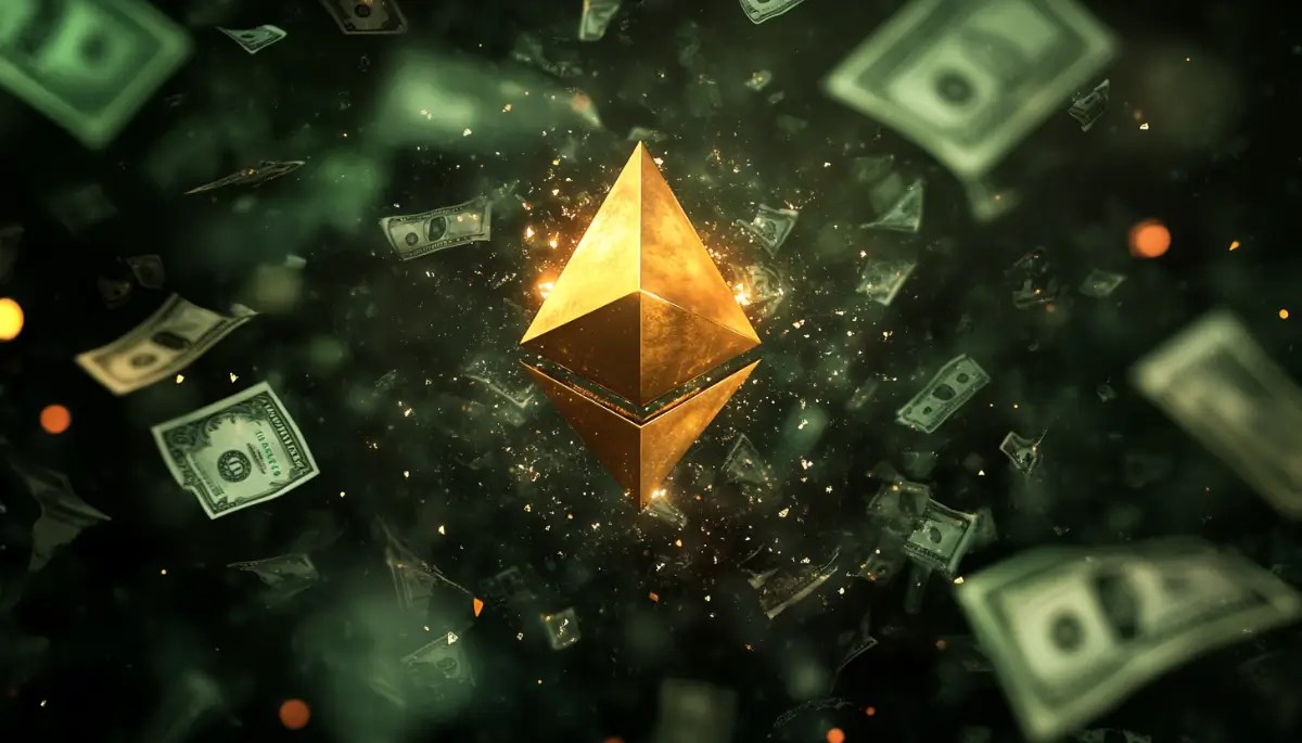 暗い緑色の背景に、金色に輝くイーサリアムのロゴが中央に浮かび、周囲には米ドル紙幣が散りばめられている。