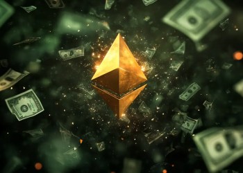 暗い緑色の背景に、金色に輝くイーサリアムのロゴが中央に浮かび、周囲には米ドル紙幣が散りばめられている。