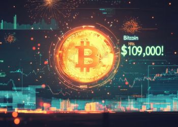 ビットコインのシンボルやチャート、109000ドルの数値が表示されたデジタルボード