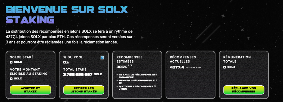 Interface de staking du $SOLX pour le projet Solaxy