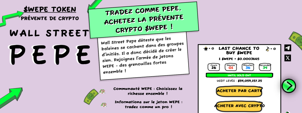 Informations générales sur la prévente de l'altcoin $WEPE du projet Wall Street Pepe