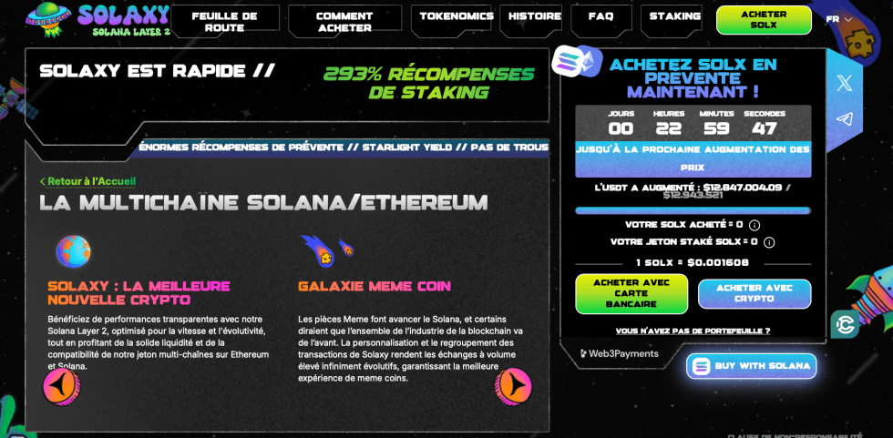 Informations générales sur la prévente de la cryptomonnaie $SOLX du projet Solaxy (Layer 2 Solana)