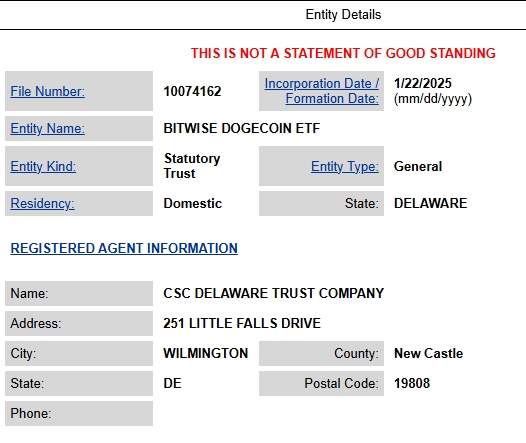 การยื่นขอกองทุน Dogecoin ETF ของ Bitwise: ที่มา Delaware Department of State