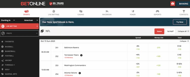 A screenshot of betonline Missouri betting site