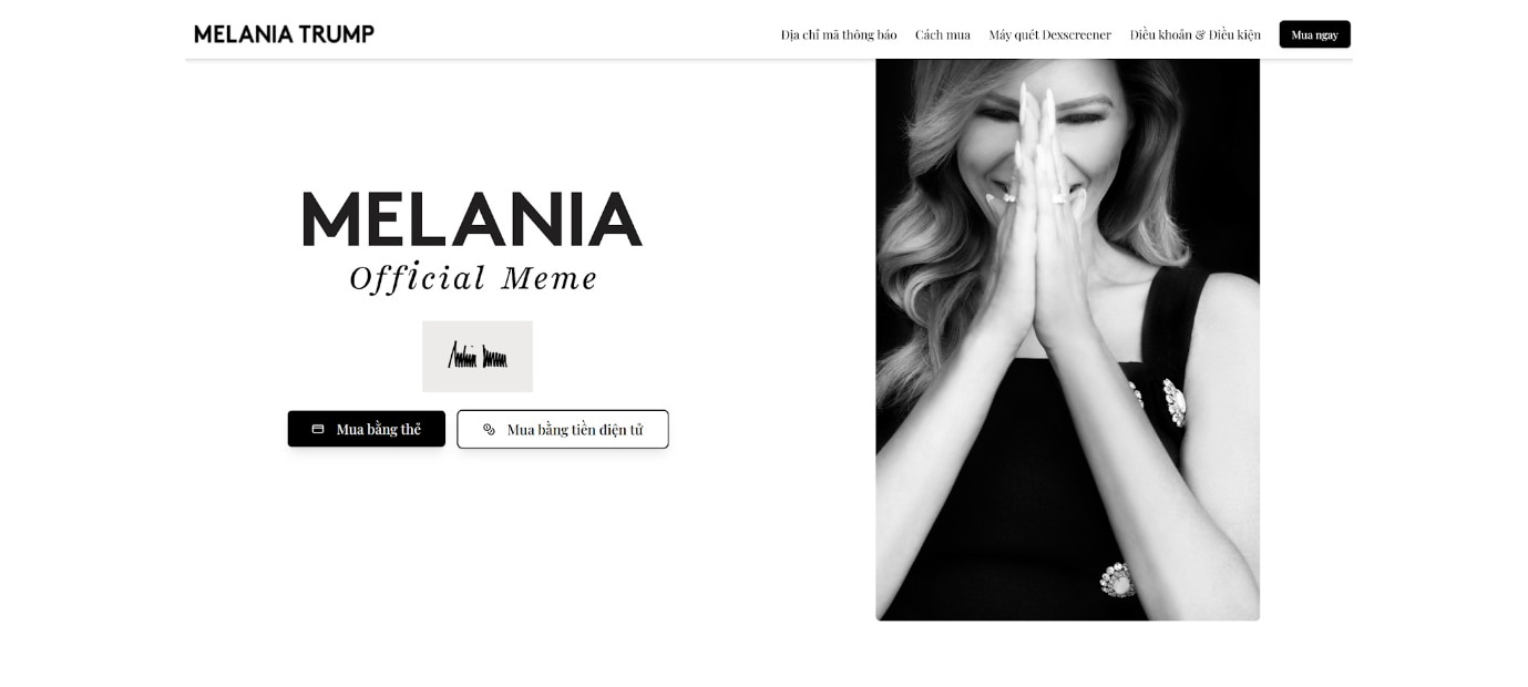Truy cập vào trang web của Melania Meme và nhấn vào biểu tượng “Mua bằng tiền điện tử”.