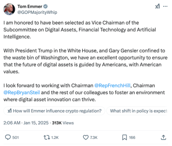 Tom Emmer reacts on X after being appointed Vice Chairman of the Subcommittee on Digital Assets, Financial Technology and Artificial Intelligence