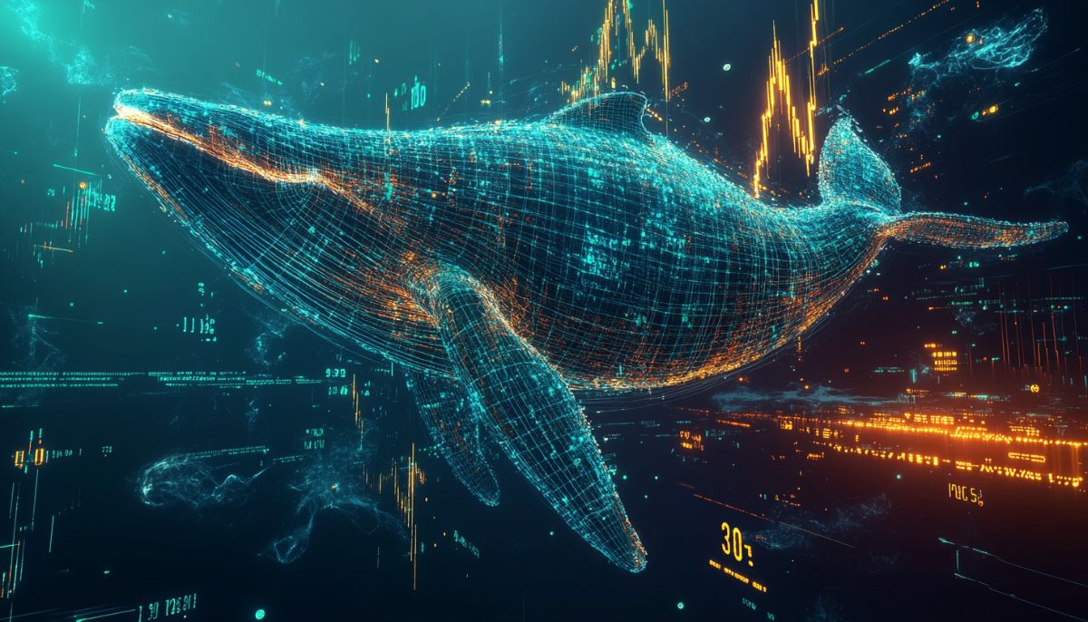 ホログラフィックなXRPシンボルの海から浮かび上がる巨大なデジタルクジラと価格チャートの未来的なアート