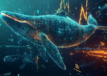 ホログラフィックなXRPシンボルの海から浮かび上がる巨大なデジタルクジラと価格チャートの未来的なアート