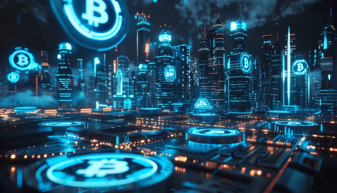 仮想通貨プレセールのある未来的な都市景観