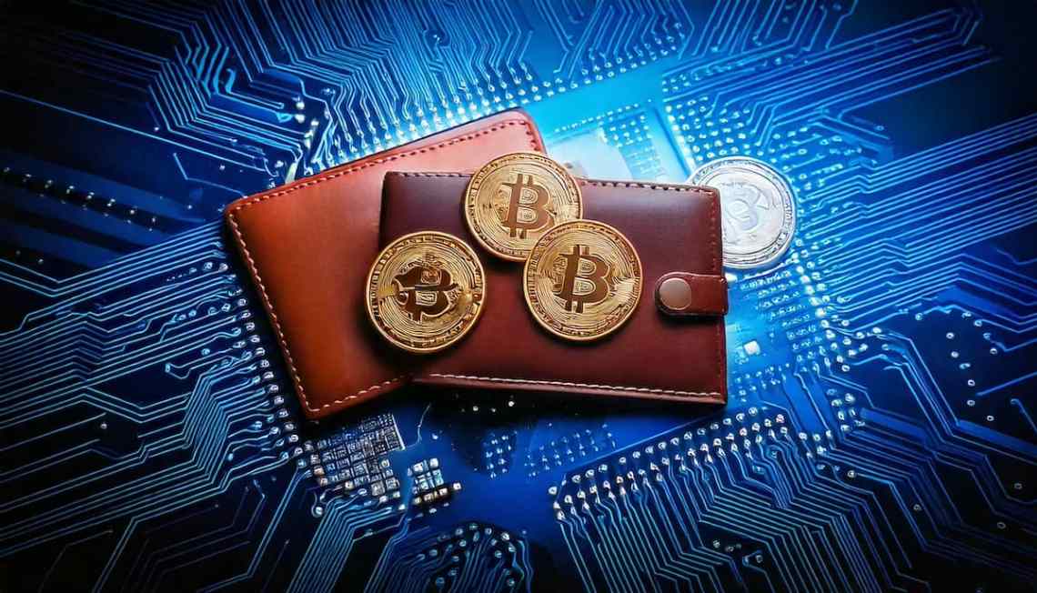 ビットコインが基板上の財布の上に乗っている