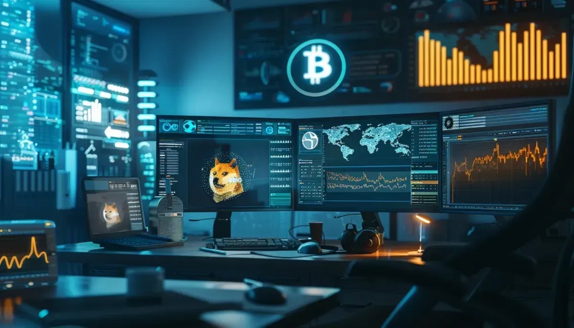 ミームコインを映し出すモニターがあるデスク