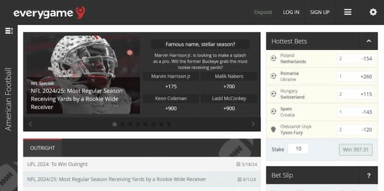 Screenshot of Everygame Missouri sports betting site