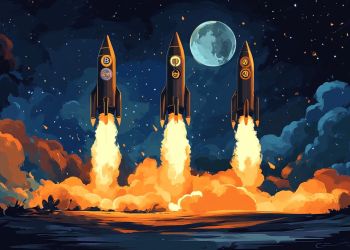 上昇する3つのロケットと仮想通貨のロゴが描かれた未来的なイラスト