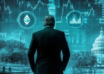 トランプ氏と仮想通貨XRP・ソラナのロゴが映し出された未来的なディスプレイ