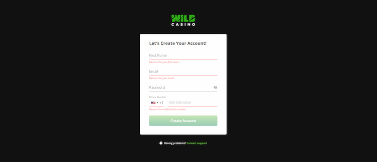 wild casino registration tx - step two