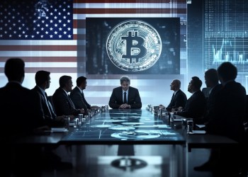 アメリカ国旗とビットコインシンボルを背景に、会議を行うアメリカ人