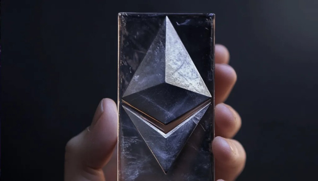 ETHのマークが中にあるスマホを持った手