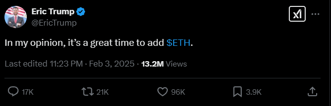 Eric Trump Ethereum koers tweet