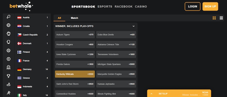 Kentucky sports betting BetWhale Kentucky Wildcats odds