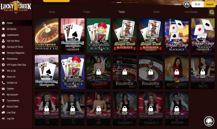 Video poker selection at Lucky Creek Mastercard gambling site