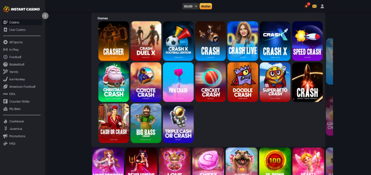 A view of Instant Casino's crash games lobby