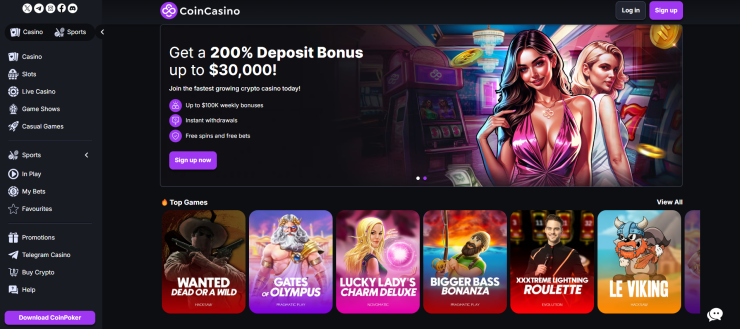 A snapshot of one of the best no verification casinos, CoinCasino's home page 